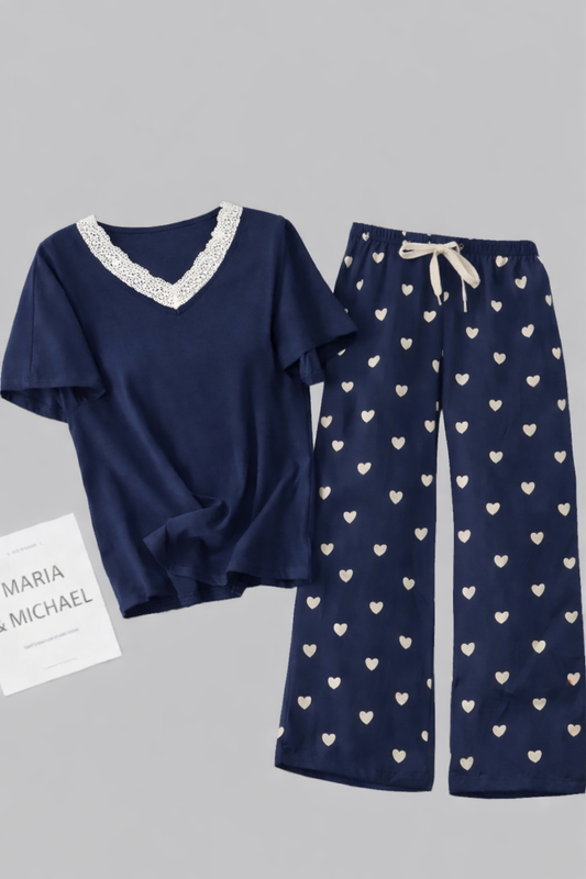 بيجامة قلوب ناعمة دانتيل كحلي