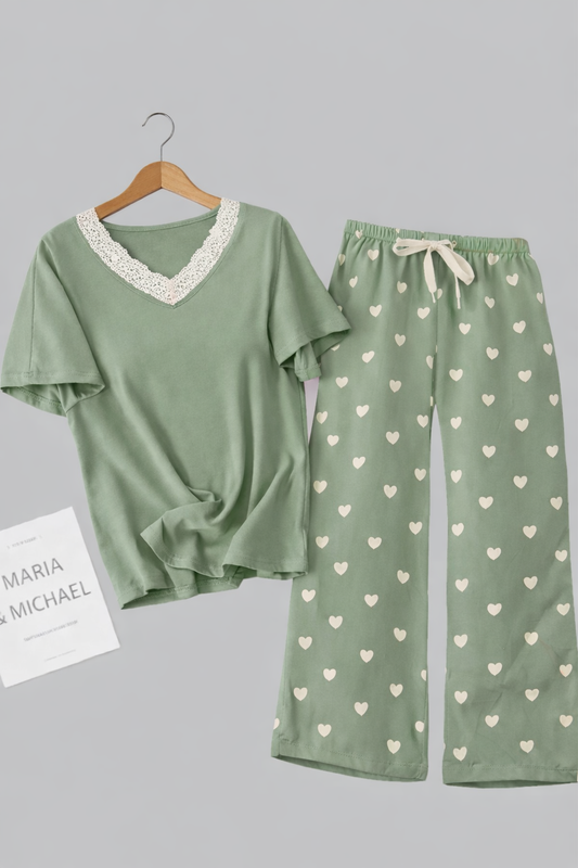 بيجامة قلوب ناعمة دانتيل مينت